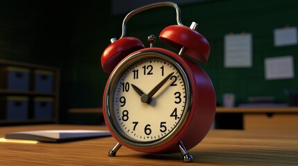 Poster - Red Alarm Clock Sits On Wooden Desk In Classroom