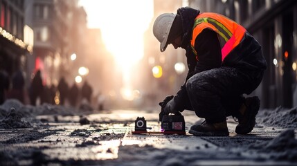 Poster - Worker in Safety Gear Uses Equipment on Snowy Street