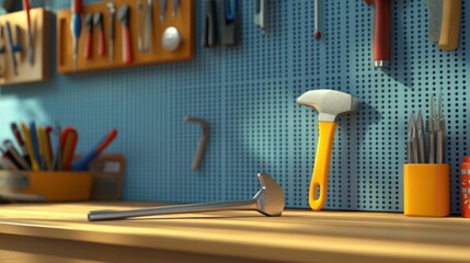 Poster - Small Hammer Resting On Wooden Workshop Table
