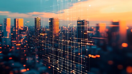 Poster - Technology-Driven Cityscape Highlighting Innovation and Data Streams at Sunset : Generative AI