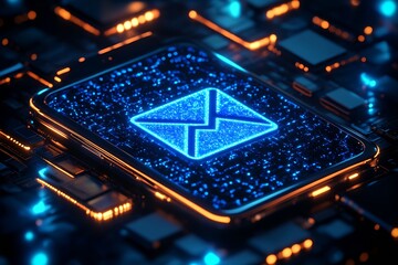 Fototapete - Futuristic Interface with Illuminated Email Icon on Circuitry : Generative AI