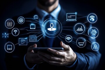 Poster - Businessman Interacting with Multimedia Network Display and Digital Applications : Generative AI