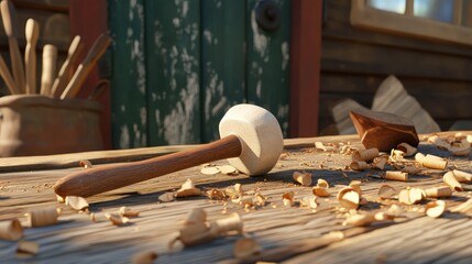 Poster - Wooden Mallet And Wood Shavings On Workbench