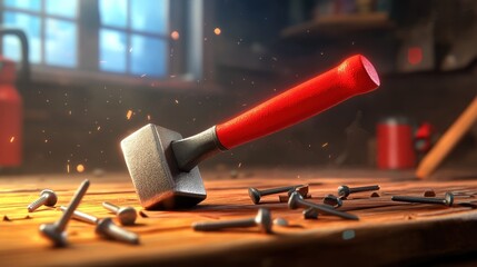 Poster - Red handled hammer strikes scattered nails on wood