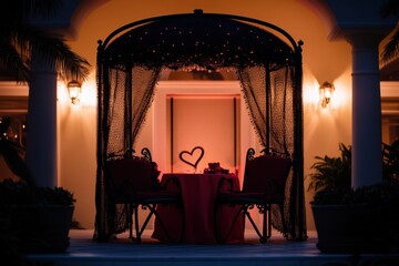 Wall Mural - A romantic outdoor table is adorned with a flickering heart-shaped candle, casting a warm glow that invites love and connection on Valentine's Day.