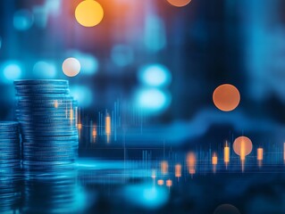 Poster - Blue Toned Financial Investment Concept with Coin Stacks and Market Graphs : Generative AI