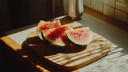 Poster - Sunlit Watermelon Slices on Wooden Board