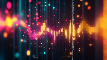 Poster - Vibrant neon digital soundwave with dynamic glowing particles : Generative AI