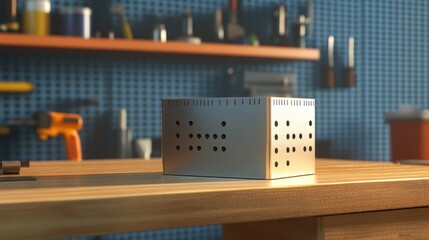 Poster - Metal Box With Holes Sits On Wooden Workshop Table