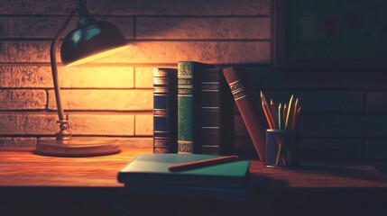 Poster - Desk Lamp Illuminates Books Pencils and Notebook at Night