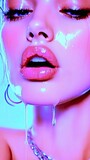 Close-up of a woman's face with dripping liquid, emphasizing her lips and eyes.