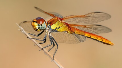 Poster - Vibrant Dragonfly Perched on a Dried Stem