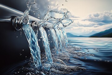 Poster - Crystal Clear Water Cascading from Metal Faucet into Pristine Lake Scenic Landscape : Generative AI