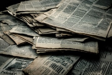 Poster - Vintage newspaper clippings stacked overlapping on a table showcasing historical articles and faded print from the past centuries. Generative AI
