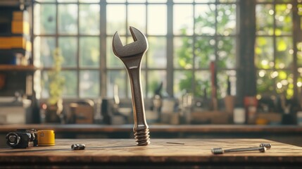 Poster - A large wrench stands upright on a wooden workbench