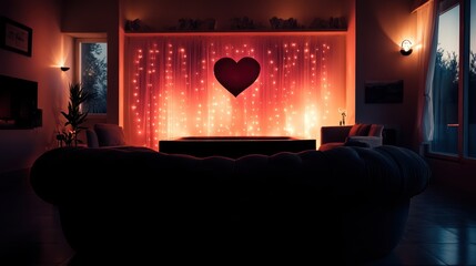 Wall Mural - A cozy living room glows softly, featuring a heart-shaped window that frames a romantic scene, with a plush couch inviting love and warmth.