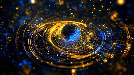 Poster - Cosmic Digital Spiral in Blue and Gold with Glowing Particles and Spherical Core : Generative AI