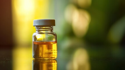 Poster - Amber liquid in small glass vial on reflective surface