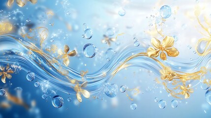 Poster - Delicate Gold Elements and Bouncing Bubbles on a Tranquil Blue Scene : Generative AI