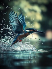 Aufkleber - Stunning Kingfisher Bird Diving into Water Splash Captured in Motion : Generative AI