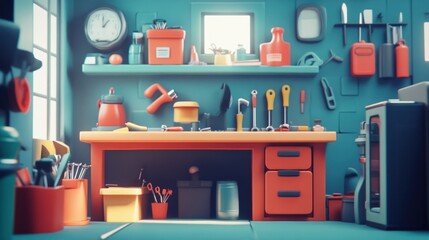 Poster - A Cartoon Workshop With Tools And Equipment
