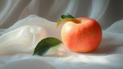 Wall Mural - A single apple with leaves resting on a soft, textured fabric background.