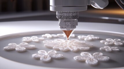 Poster - Robotic 3D Printer Creating Delicate White Floral Designs