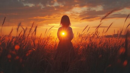 Fototapete - Natures golden embrace captured through golden wheat fields at sunset with a silhouette of a person. Generative AI