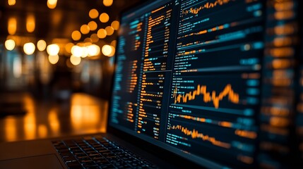 Fototapete - Laptop Screen Showing Programming and Financial Analysis in Warm Office Lighting : Generative AI