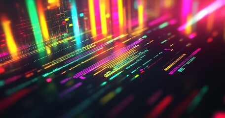 Fototapete - Bright Neon Network Patterns on Digital Futuristic High-Tech Abstract Background : Generative AI