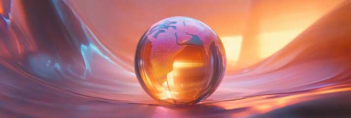 Poster - Glowing globe spins while illuminating contours in a vibrant digital atmosphere at sunset. Generative AI