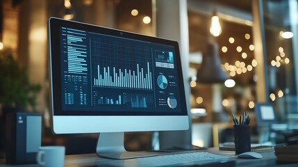Fototapete - Sleek Office Environment with Computer Screen Showing Detailed Statistical Graphs : Generative AI