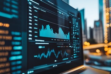 Aufkleber - High-Tech Financial Trading Display on Laptop with Urban Backdrop at Dusk : Generative AI