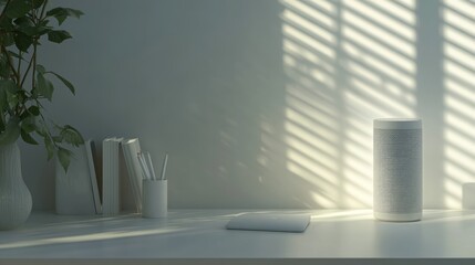 Poster - Minimalist White Workspace with Modern Speaker and Plant