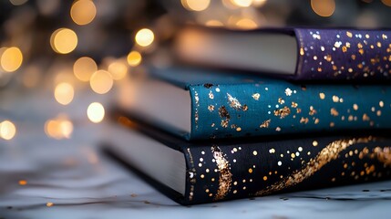 Poster - Stack of magical books with gold glitter decoration against blurred bokeh lights background, creating cozy reading atmosphere for fantasy literature.