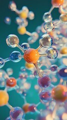 Poster - Colorful molecular structure with orange and purple atoms connected by glass-like bonds on turquoise background, showing scientific concept of chemistry and biology.