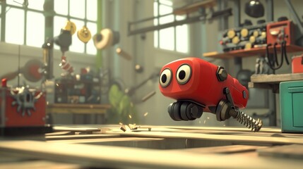 Poster - Red Robot Moving Through Workshop Environment