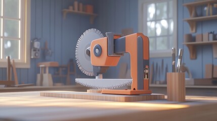 Poster - Orange Circular Saw Resting on Wooden Workbench