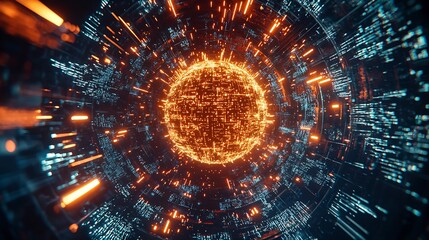Aufkleber - Futuristic Radiant Sphere in Dynamic Sci-Fi Tunnel with Glowing Data Streams : Generative AI