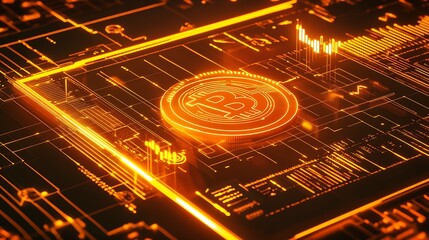 Poster - Futuristic Bitcoin Cryptocurrency Technology Circuit Design with Orange Glow Aesthetics : Generative AI