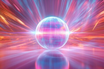 Poster - Spinning globe emits glowing contour lines while surrounded by vibrant light rays in a digital environment. Generative AI