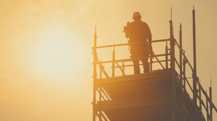 Poster - Construction Worker Silhouetted Against Sunset On Scaffolding