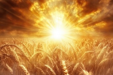 Leinwandbilder - Golden rays illuminate fields of wheat during sunset in a serene countryside landscape. Generative AI