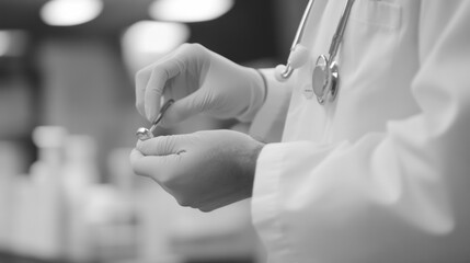 Poster - Doctor in gloves carefully handles a medical instrument