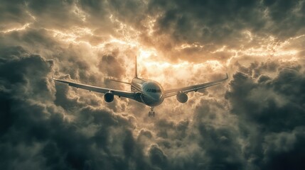 Poster - Airplane flying through dramatic storm clouds with sunlight breaking in the background during a turbulent journey. Generative AI
