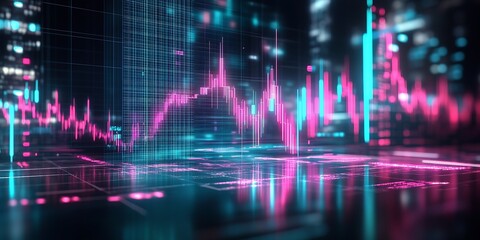 Aufkleber - Neon Stock Market Data with Digital Graphs in a Futuristic Setting : Generative AI
