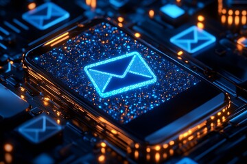 Aufkleber - Futuristic Smartphone with Glowing Email Icon in a Digital Neon Technology Background : Generative AI