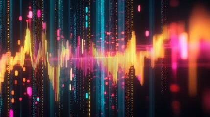 Poster - Dynamic digital soundwave pattern with bright colors and glowing particles : Generative AI