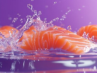 Aufkleber - Fresh Raw Salmon Fillets with Water Splashes on a Vibrant Purple Background for Culinary and Seafood Themes : Generative AI
