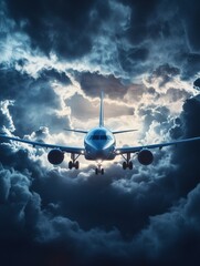 Aufkleber - Airplane flying through dark storm clouds with dramatic light effects over the sky at night. Generative AI